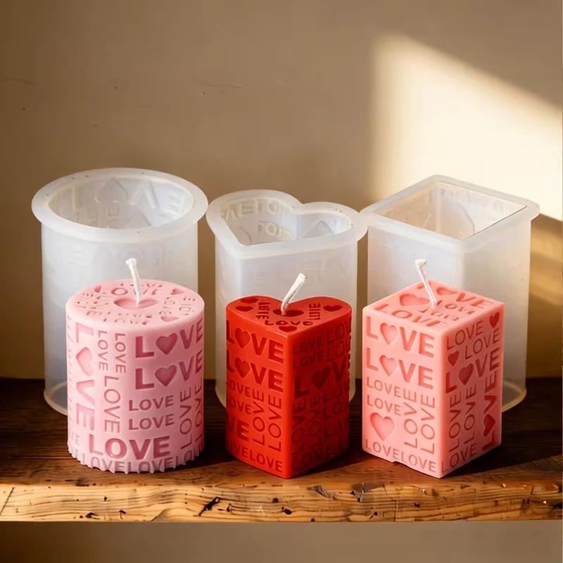 Top Quality 3D Love Pillar Candle Mold Embossed Love Letters Cylinder Cube Mold Heart Pillar Candle Mold DIY Gift Mold