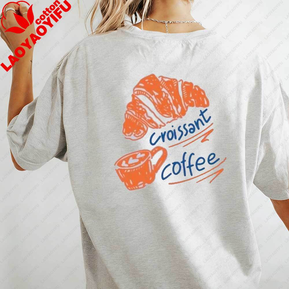 Womens Casual TShirt Croissant Coffee Print Short Sleeve Cute Food Graphic Cotton Tops Fit Streetwear Blouse for Daily Wear