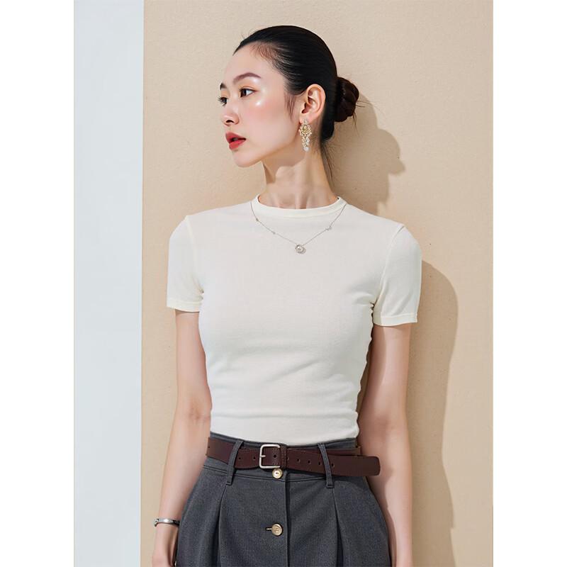 Basic House Women's Slim-Fit Tencel Wool Semi-High Neck Short Sleeve T-Shirt