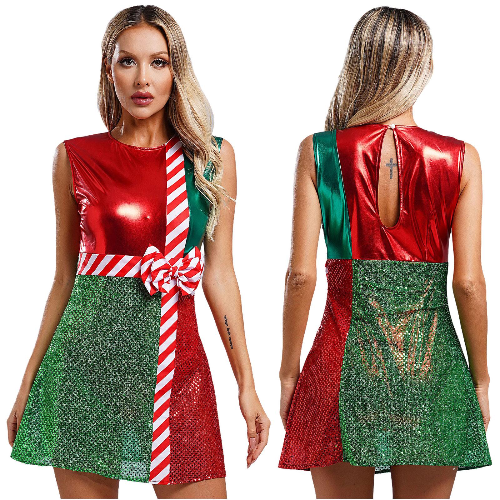 Costume Elfe Père Noël de Noël pour Femme Robe à Sequins Brillants Nœud Maillot de Corps Tutu de Danse Ballet Patinage pour Noël Carnaval Fête du Nouvel An S rouge