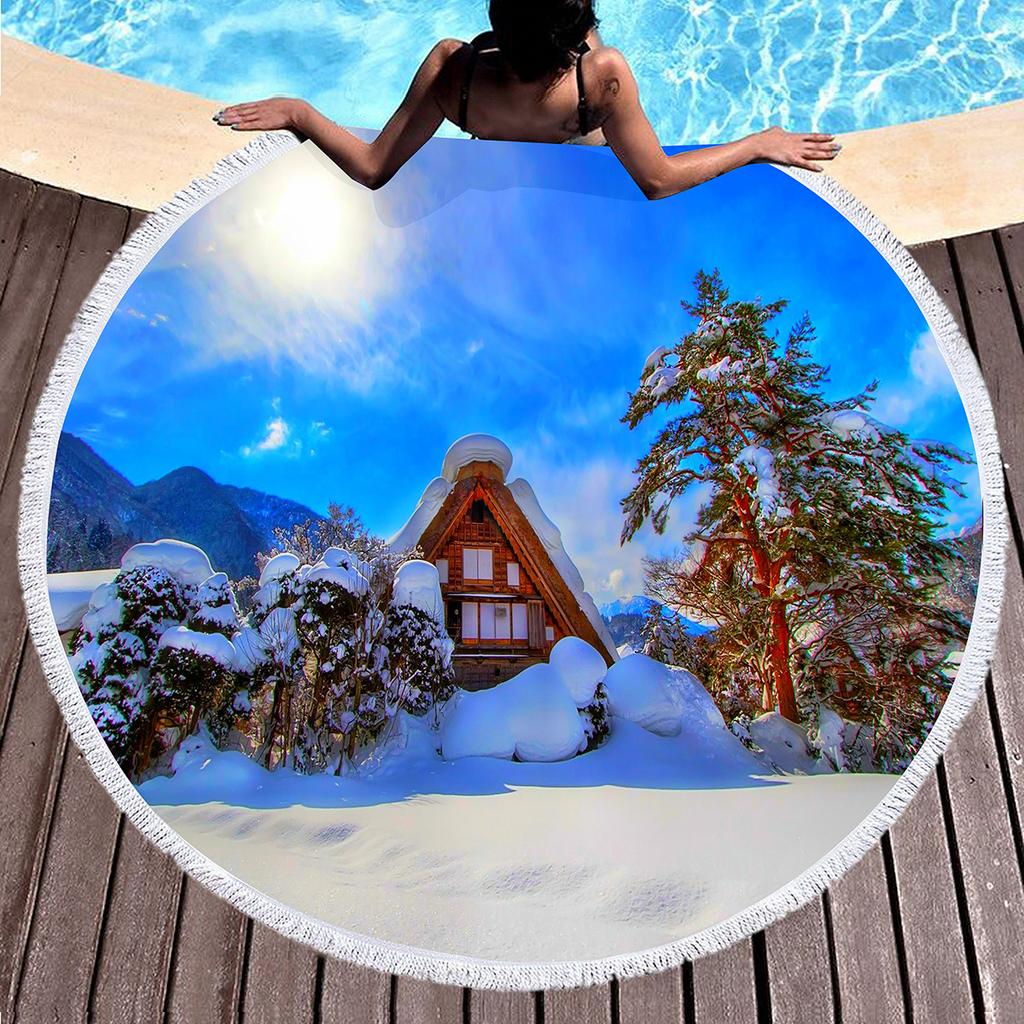 Winter Snow Scene Fantasy Tree Round Beach Towel Polyester Sand Resistant Shawl Beach Blankets, Quick Dry Pool Towels Picnic Mat