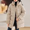 Women's Winter Mid-Length Solid-Color Loose-Fit Thickened Hooded Cotton Coat