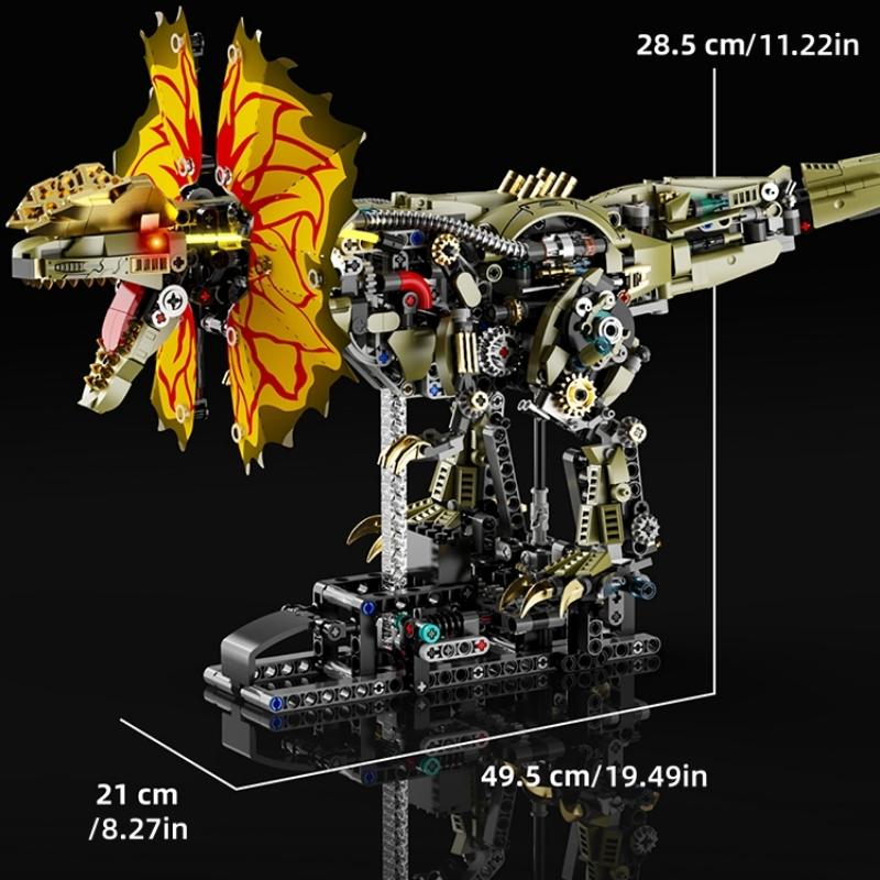 Non-Toxic 1277Pcs Mechanical Dinosaur Blocks Dual Crested Dilophosaurus Light Up Moving Model Jurassic Decor Creative Gift Set
