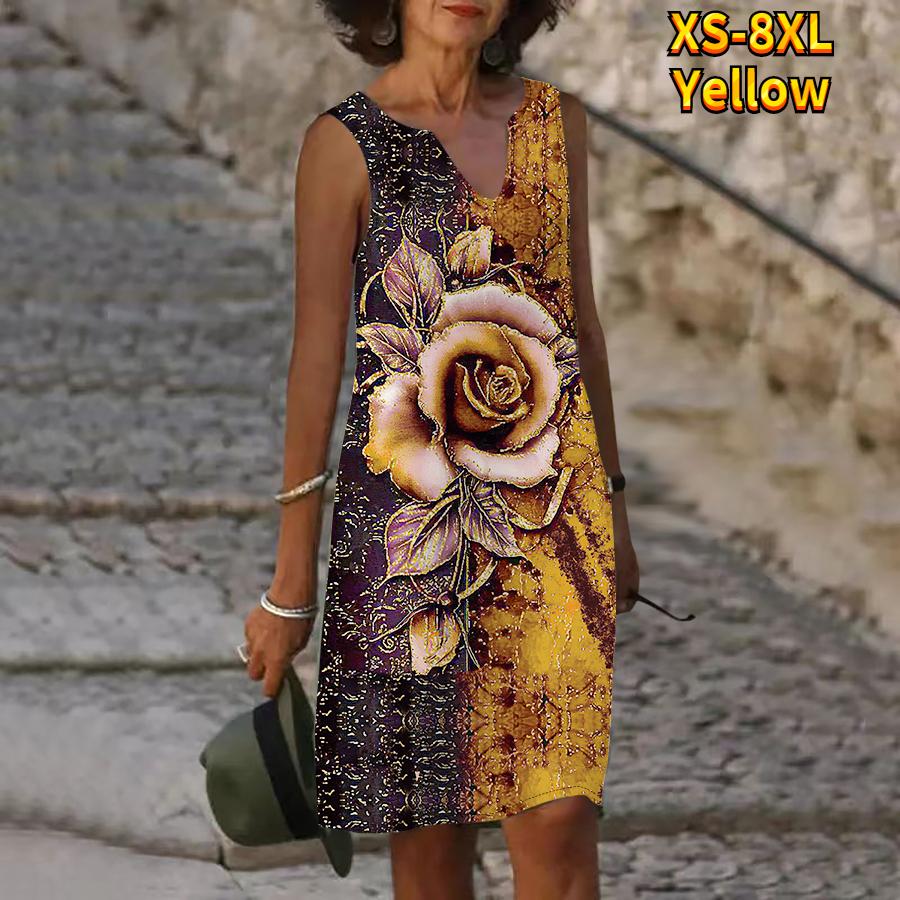 

Женское летнее блестящее красное платье с v-образным вырезом и цветочным принтом, повседневное модное платье без рукавов, повседневное свободное сексуальное платье размера плюс XS-8XL 7XL жёлтый