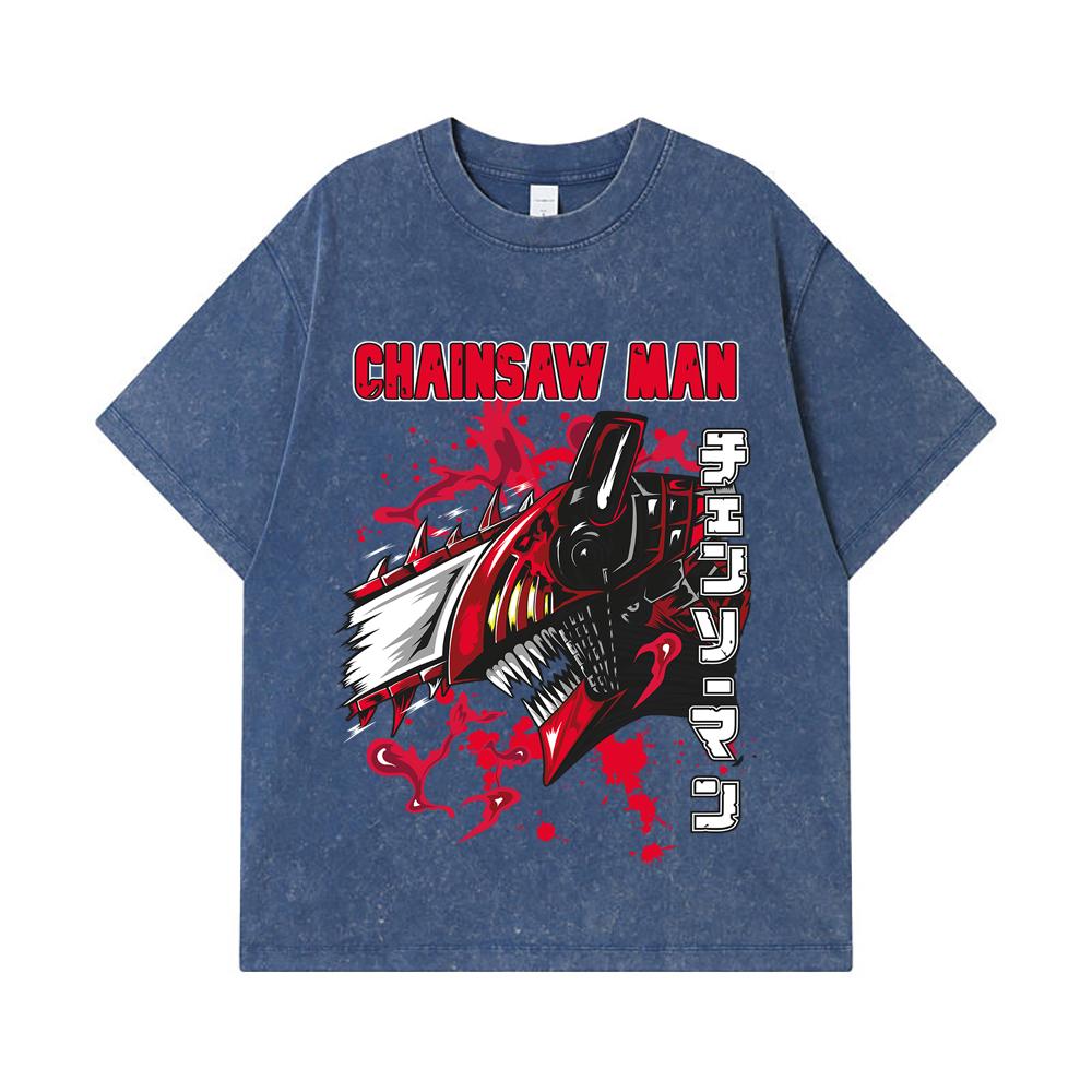 275 GSM Washed T-shirts 100% Cotton Chainsaw Man V47 Denji Print Unisex Heavy Cotton T Shirt