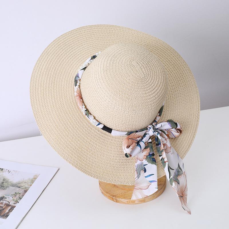 New Women's Summer UV Protection Sweet Ribbon Seaside Vacation Sunshade Bucket Hat Bow Large Brim Straw Hat
