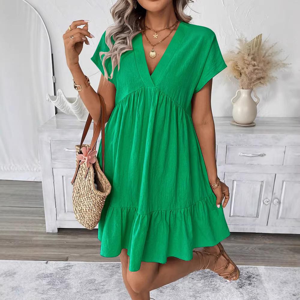 2026 European and American Women's V-neck Ruffle Hem Summer Dress