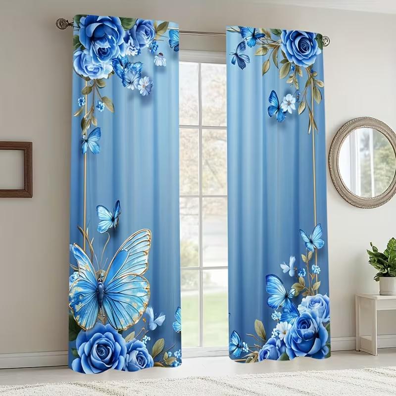 2Pcs Blue Butterfly Flower Print Curtains,suitable for Bedroom,living Room Kitchen Decoration,home Decoration,window Decoration
