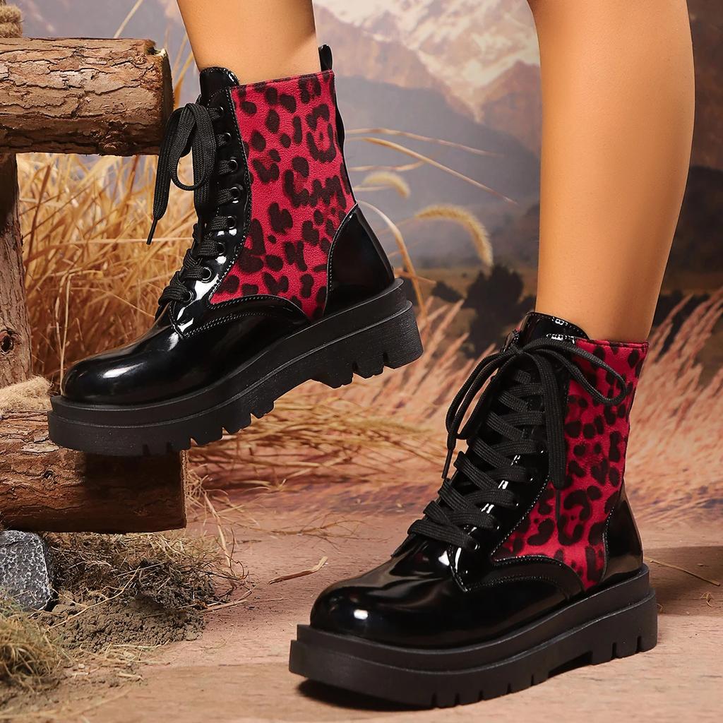Fashion Women Shoes New High Quality Cross-tied Women Boots Fashion Leopard Print Casual Boots Women Fashion Round Toe Mid-Calf Boots