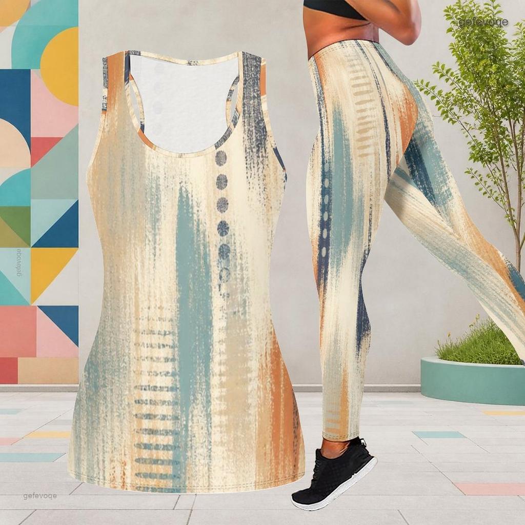 Women Plus Size Printed Scoop Neck Sleeveless Longline Tank Top Fitted Pants Two Piece Set