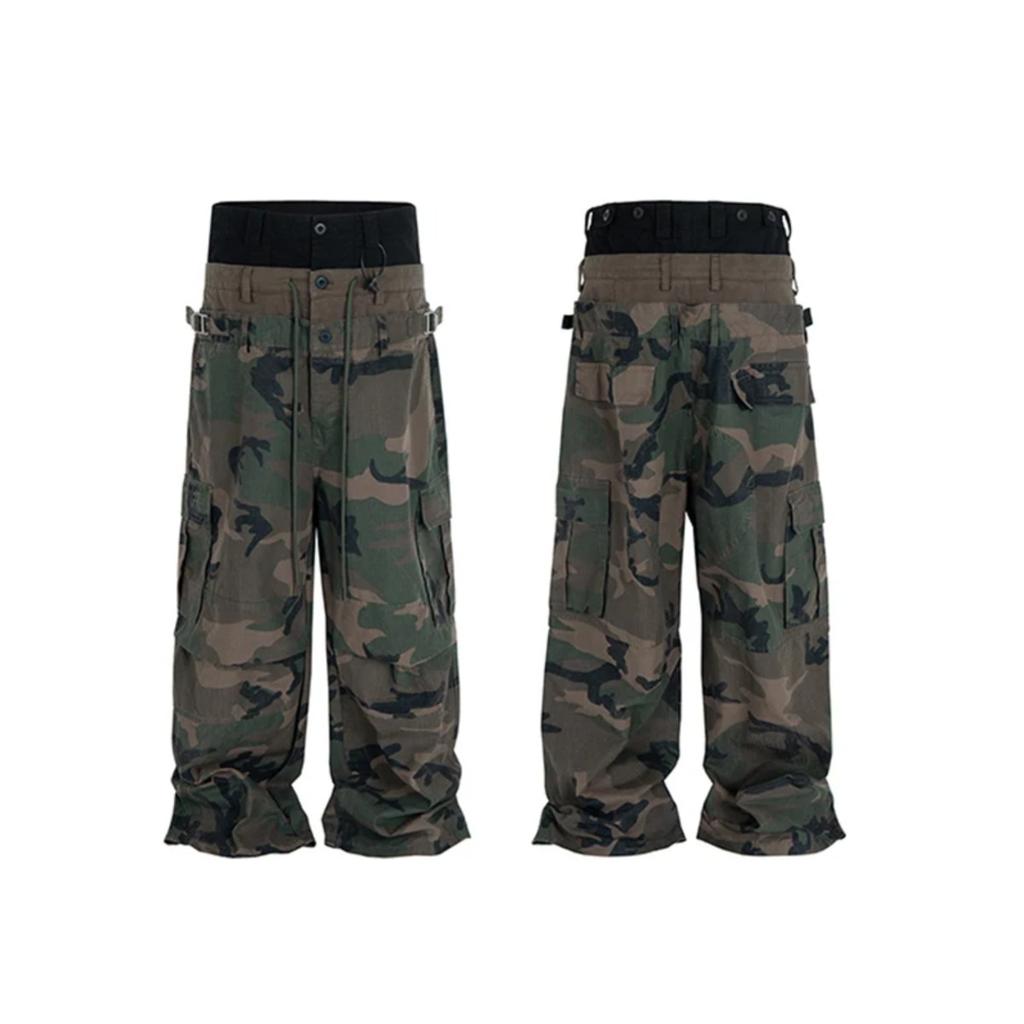DRIPX Three Waisted Camouflage Cargo Pants for Men Streetwear Patchwork Baggy Jeans Wide Leg Casual Loose Denim Trousers Oversized