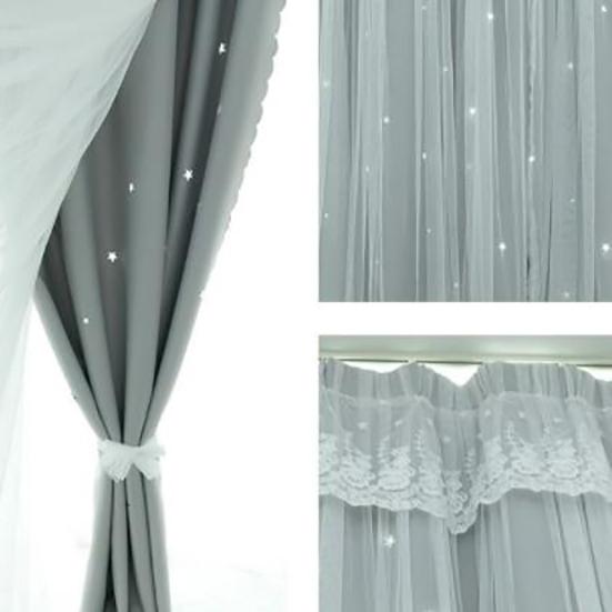 2PCS Finished Curtain Princess Style Ins Blackout Bedroom Hook Curtain Hollow Out Star Cloth Gauze Bay Window Curtain
