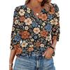Womens Casual V Neck Loose Fit Three Quarter Sleeve Blouse Floral Print Lightweight Top for Everyday Wear