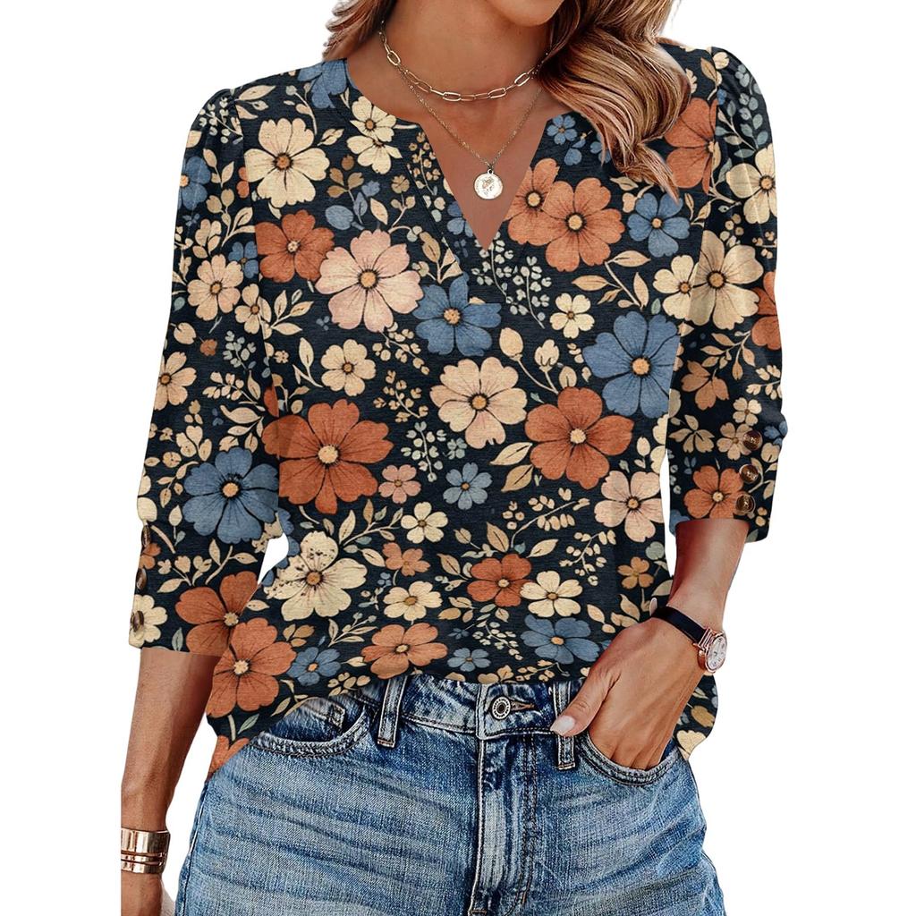 Womens Casual V Neck Loose Fit Three Quarter Sleeve Blouse Floral Print Lightweight Top for Everyday Wear