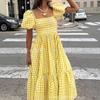 Women's Square Neck Gingham Midi Dress Puff Short Sleeve Elastic Waist Ruffled Hem Summer Beach Long Dress