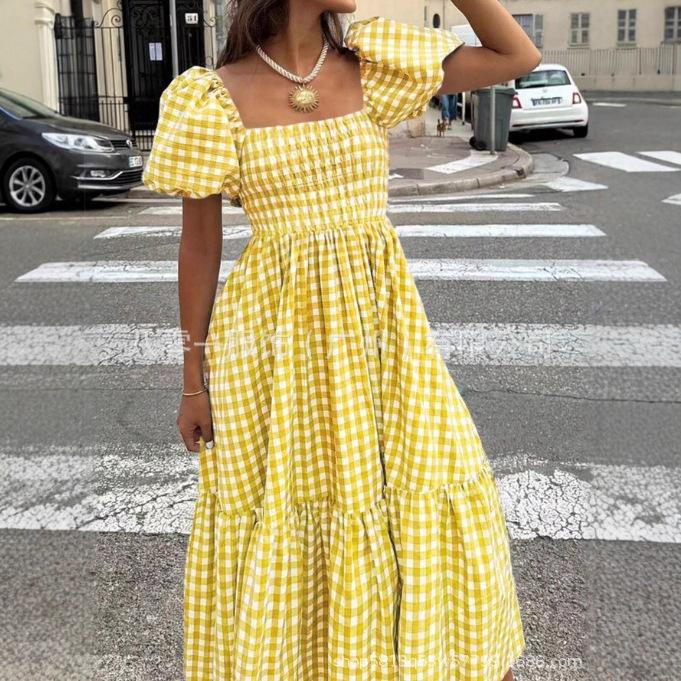 Women's Square Neck Gingham Midi Dress Puff Short Sleeve Elastic Waist Ruffled Hem Summer Beach Long Dress