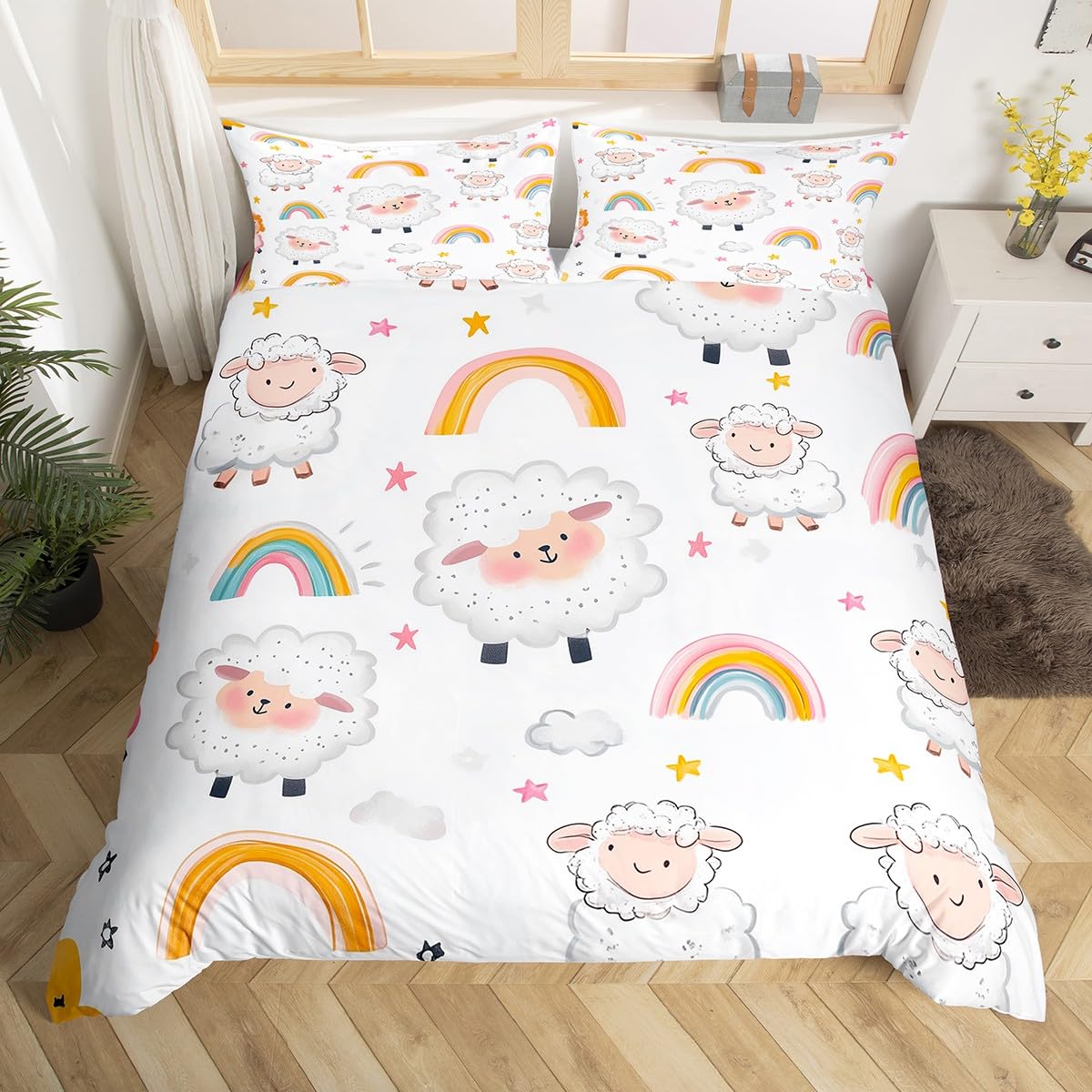 

Cute Sheep Duvet Cover King Queen Funny Animal Floral Bedding Set Kids Cartoon Farm Animal Comforter Cover Polyester Quilt Cover EU Single(135*200cm)3pcs