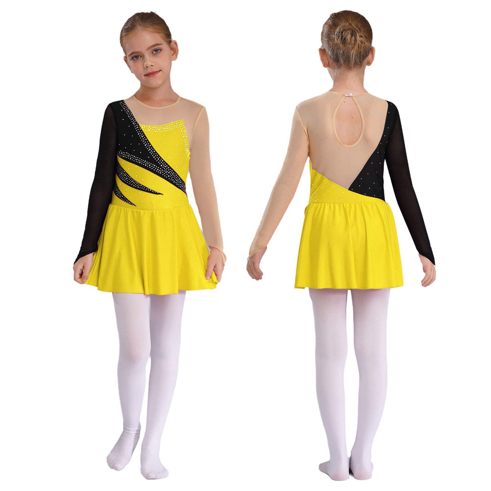 IEFiEL Kunstschaatsjurk Kinderen Meisjes Tutu Balletjurk Glanzend Strass Gymnastiek Turnpakje Lange mouw Mesh Schaatsen Jurk 13-14 Years