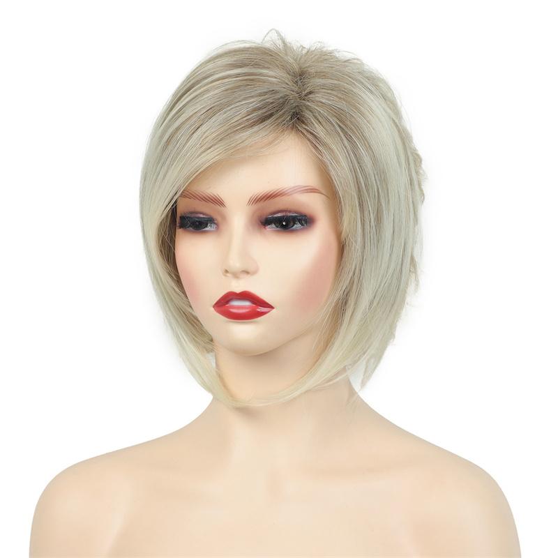 Synthetic Short Blonde Wigs for Women Straight Hair Wig Oblique Fringe Lady Wig Cosplay Halloween Costume Daily Use Wig