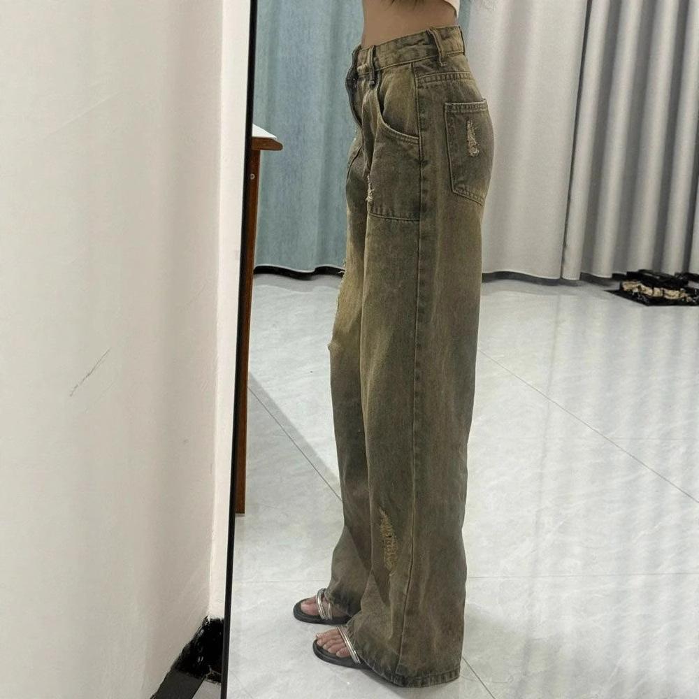 Niche Design Sense Washed Broken Holes Jeans Women Blue Large Size Straight Loose Trailing Floor Wide Leg Trousers Jeans for Women Long Denim Pants