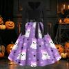 Womens Casual Vintage Halloween Dress V Neck Long Sleeve Retro Ghost Print A Line Midi Dress with Waist Tie for Party
