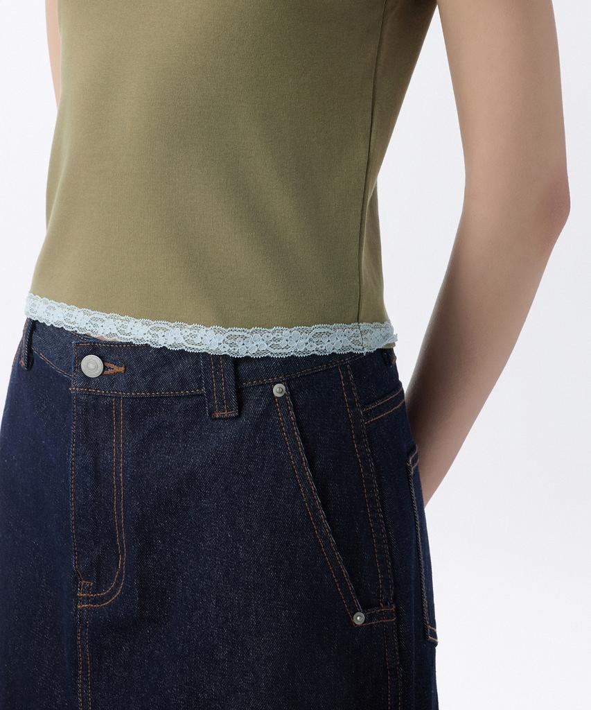 MUSINSA STANDARD WOMAN Women'S Slim Lace Trim T-Shirt [Khaki/Pastel Blue]