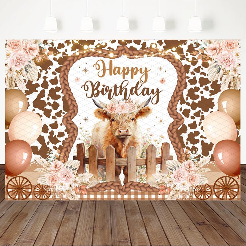 Mocsicka Happy Birthday Backdrop Western Farm Cow Print Photography Background Boho Cowgirl Party Decorations Photo Booth Banner