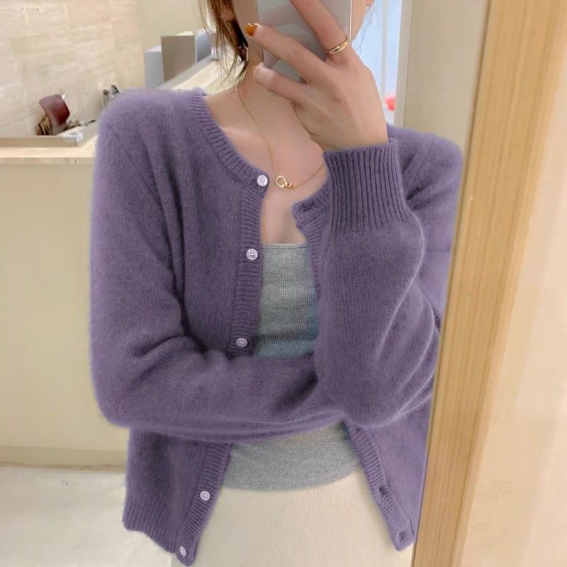 Spring Autumn Round Neck Purple Cropped Knit Cardigan Loose Outerwear Sweater Women