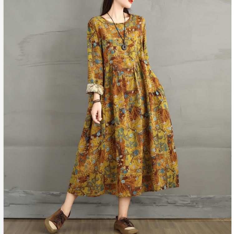 

DIMANAF 2024 New Women Autumn Dress Linen Long Dress Long Sleeve Printing Floral Clothing L