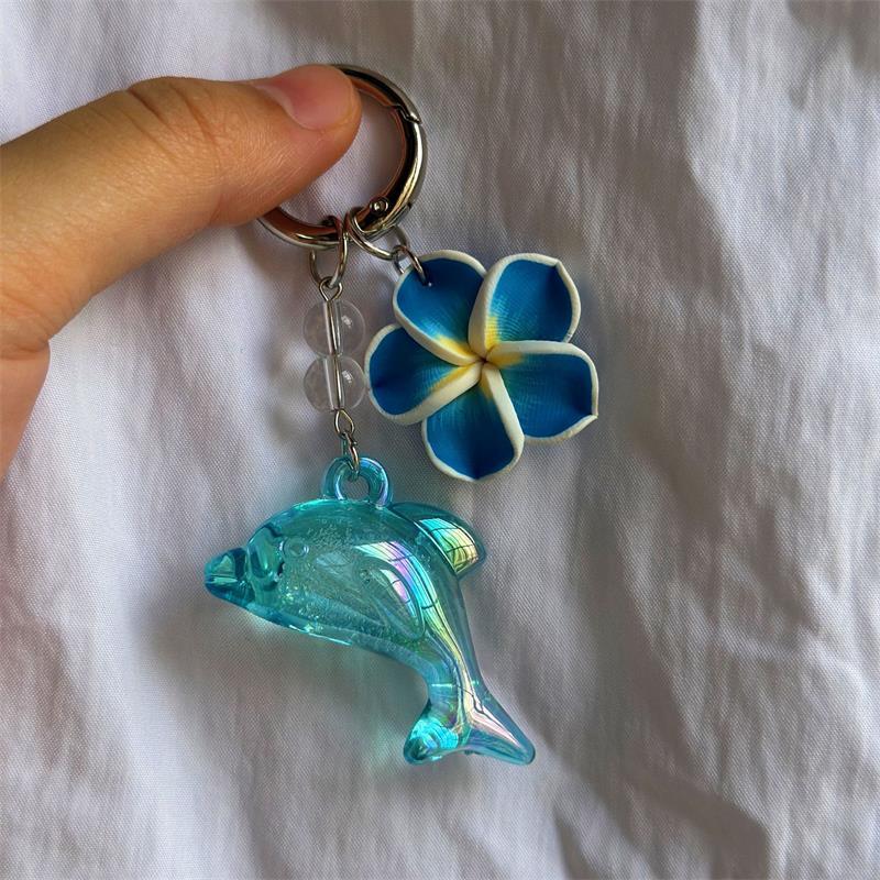 Cute Dolphin Plumeria Flower Keychain Pendant Seaside Holiday Style Phone Chain Girly Backpack Charm Bag Hanging Ornaments Gifts