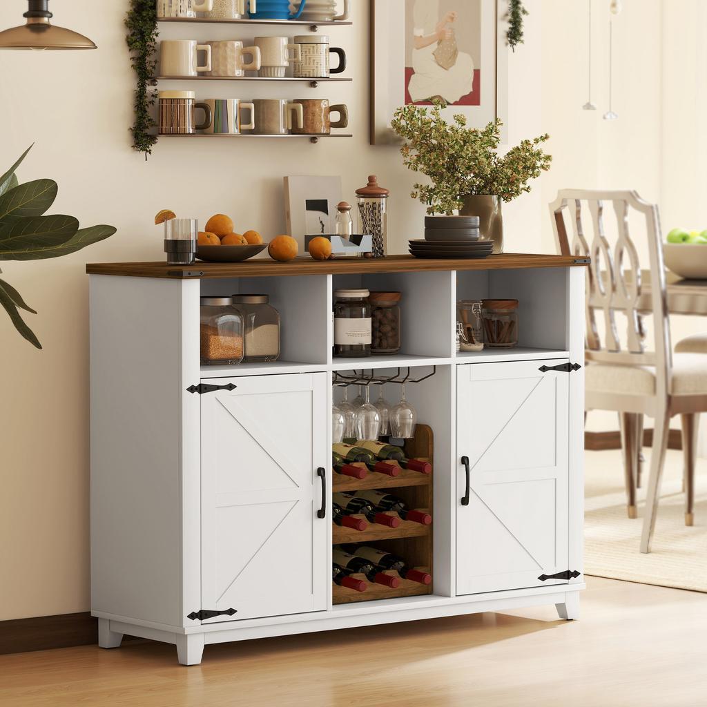 Rustic Kitchen Cabinet with Adjustable Shelves and Wine Rack Auxiliary Furniture for Dining Room, Living Room 120x37x88 cm White