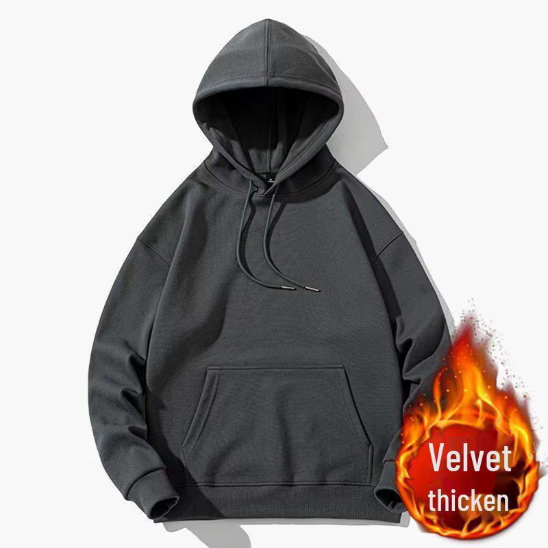 Hong Kong Style Men's Oversized Hooded Fleece Sweatshirt - Autumn/Winter Solid Color Pullover