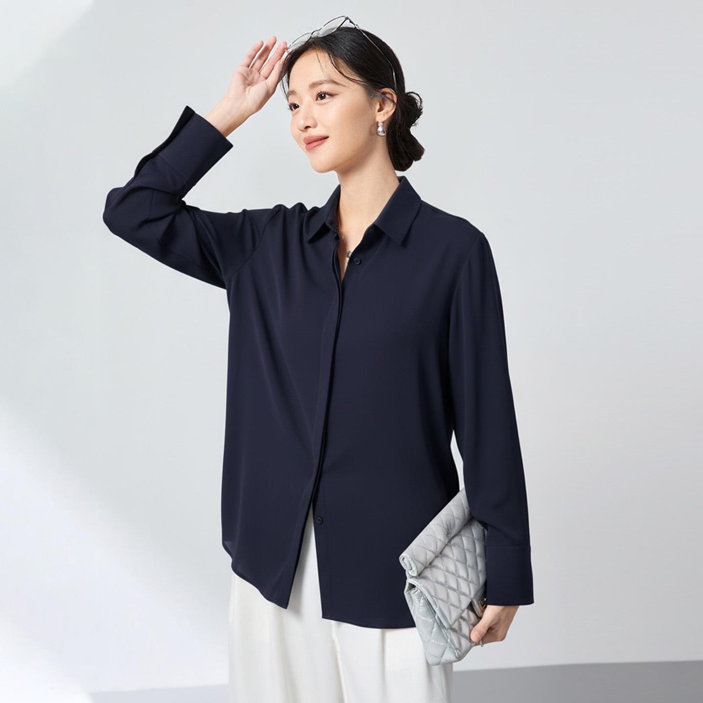 High-Grade Ink Wash Mulberry Silk Stretch Shirt - Spring Georgette Commuting Top XL темно-синий