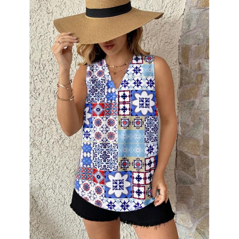 Womens Vintage Floral Print Sleeveless V-Neck Top Comfortable Casual Blouse Soft Cotton-Like Fabric 2025
