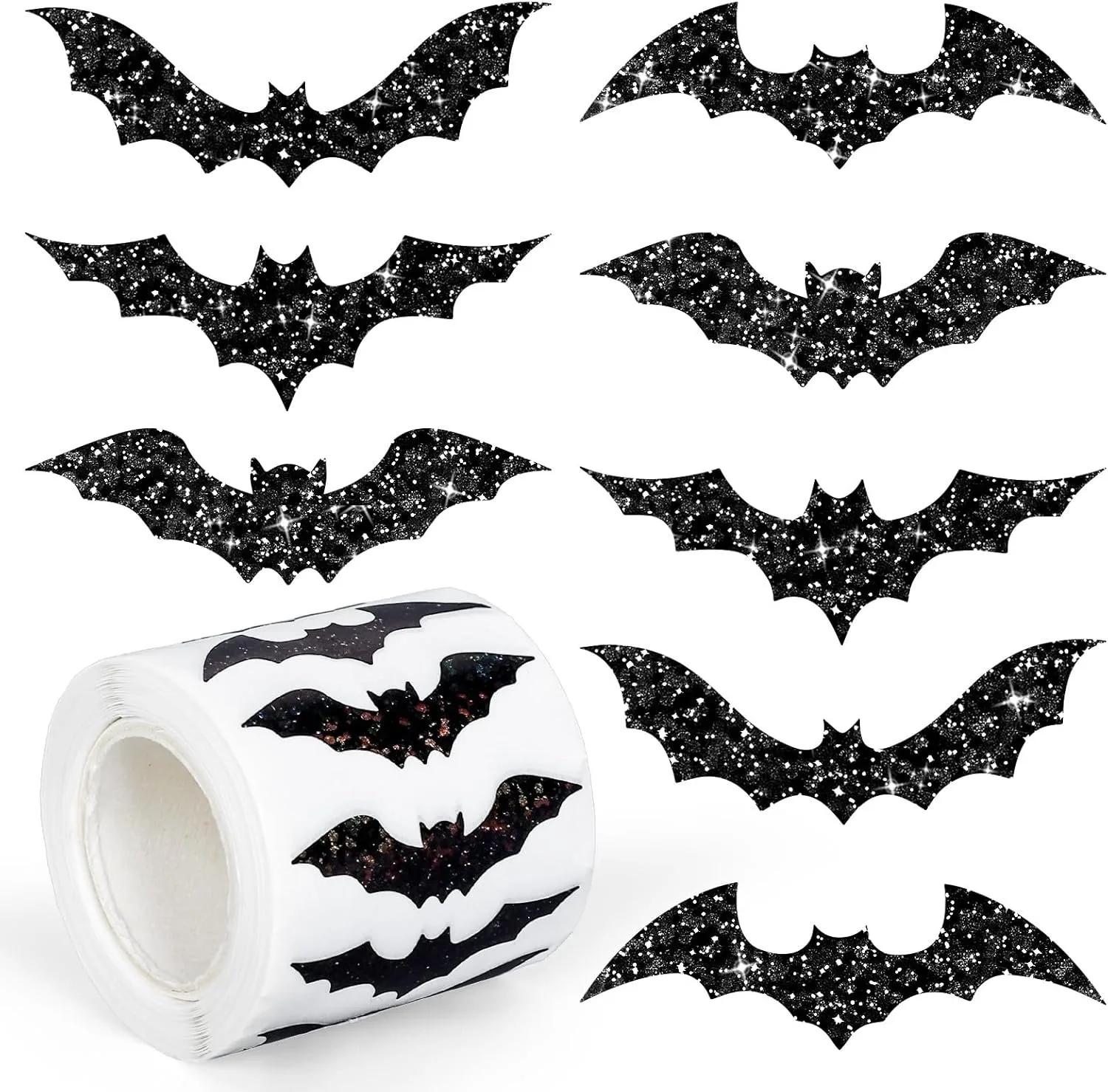 

Halloween bat sticker roll, 500 pieces, black laser bats, waterproof, glittery self-adhesive stickers for Halloween party decora