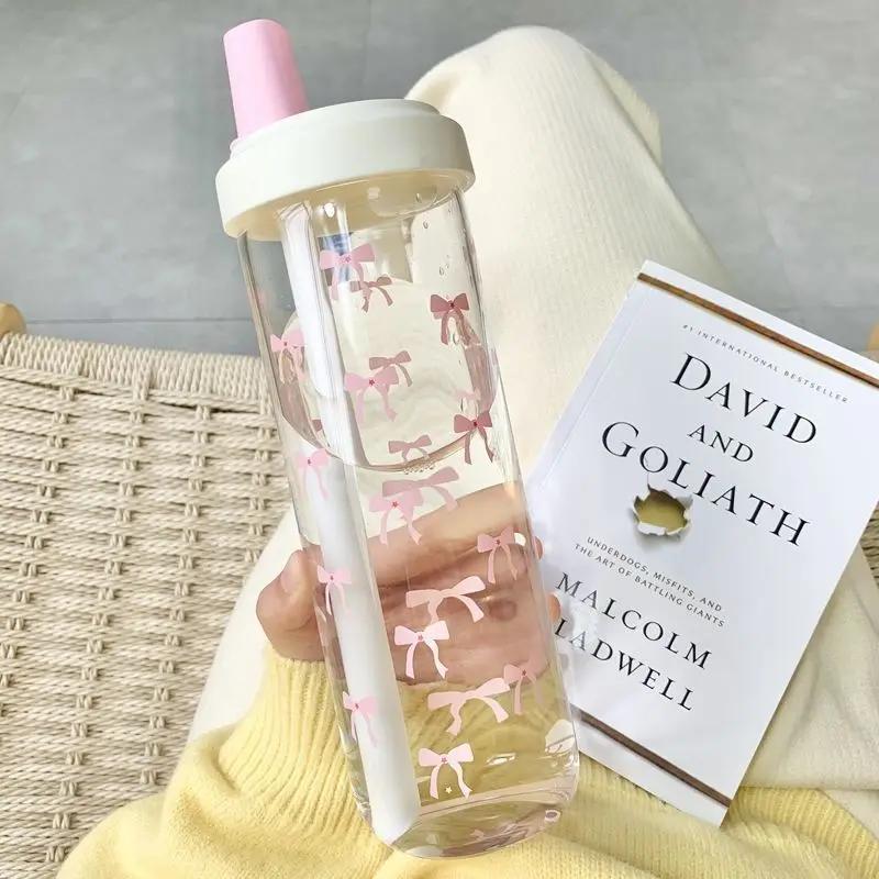 

700ml pink bow straw water bottle with lid, food grade plastic tumbler for girls, cute reusable cup for milk tea juice outdoor 700ml белый