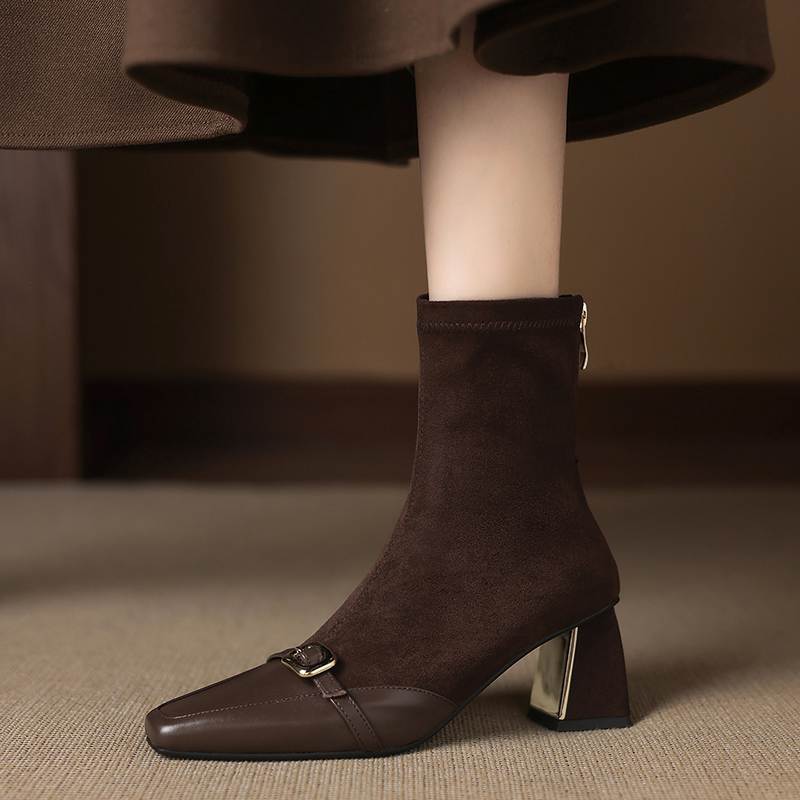 Krazing Pot Flock Cow Skin Square Toe Thick Heels Chelsea Boots Size 42 Beauty Lady Women Metal Buckle Ankle Boots