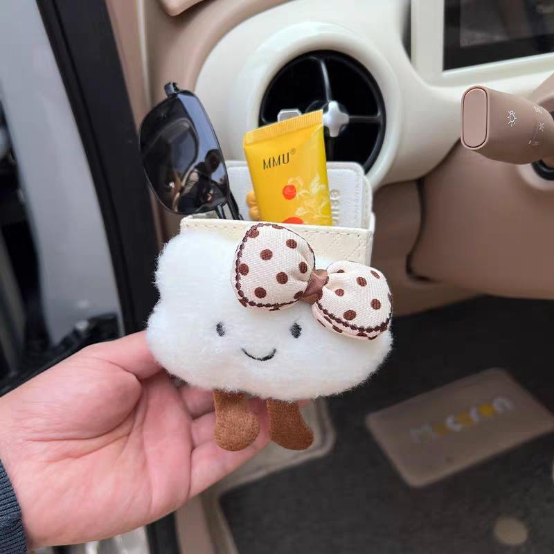 Cute Cartoon Bow Cloud Car Storage Bag Air Vent Hanging Leather Organizer Box Glasses Phone Holder Car Interior Accessories