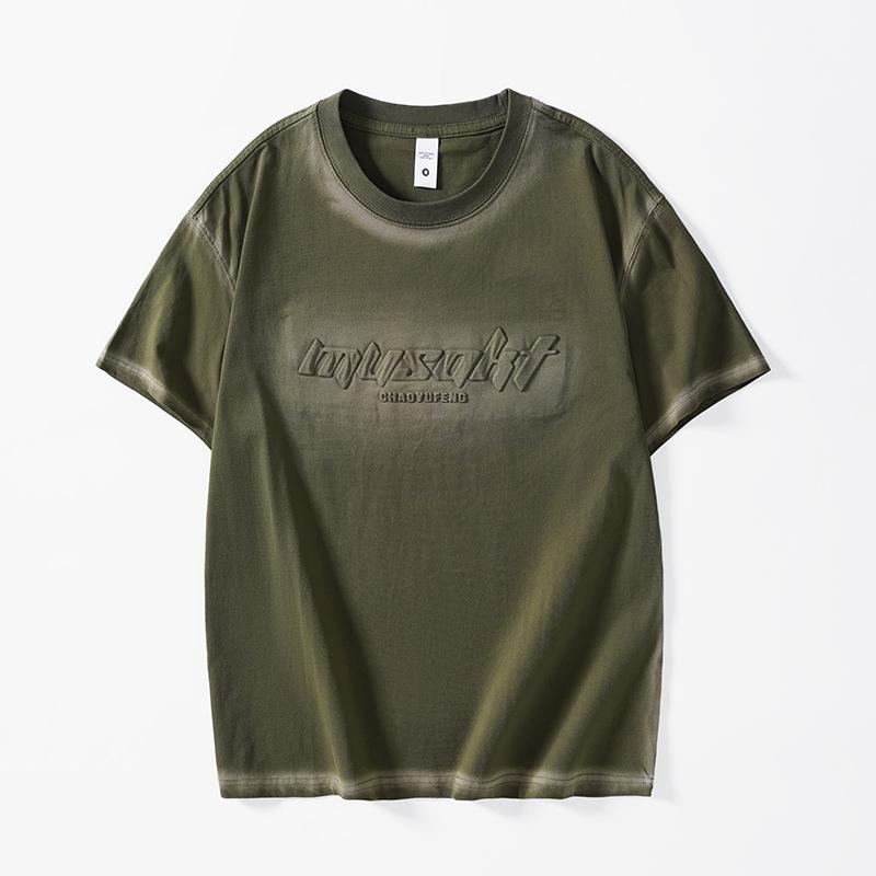 Heavy Wash Short-sleeved T-shirt for Men's Summer New Large-size Loose Embossed T-shirt Short Shirt