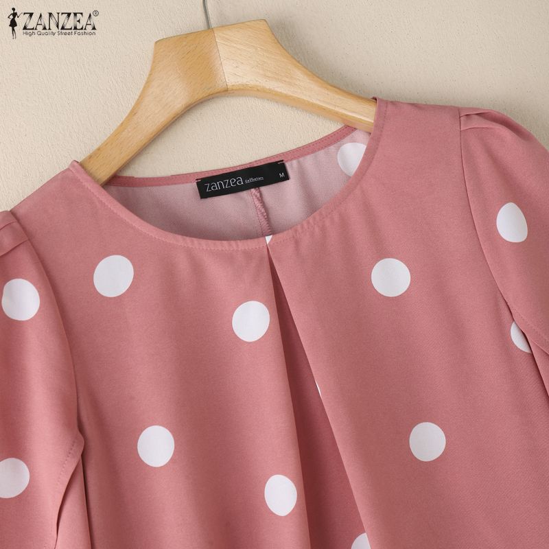 ZANZEA Γυναικείο Καθημερινό Καλοκαιρινό Μπλουζάκι με Στρογγυλή Λαιμόκοψη, Κοντό Μανίκι και Πουά