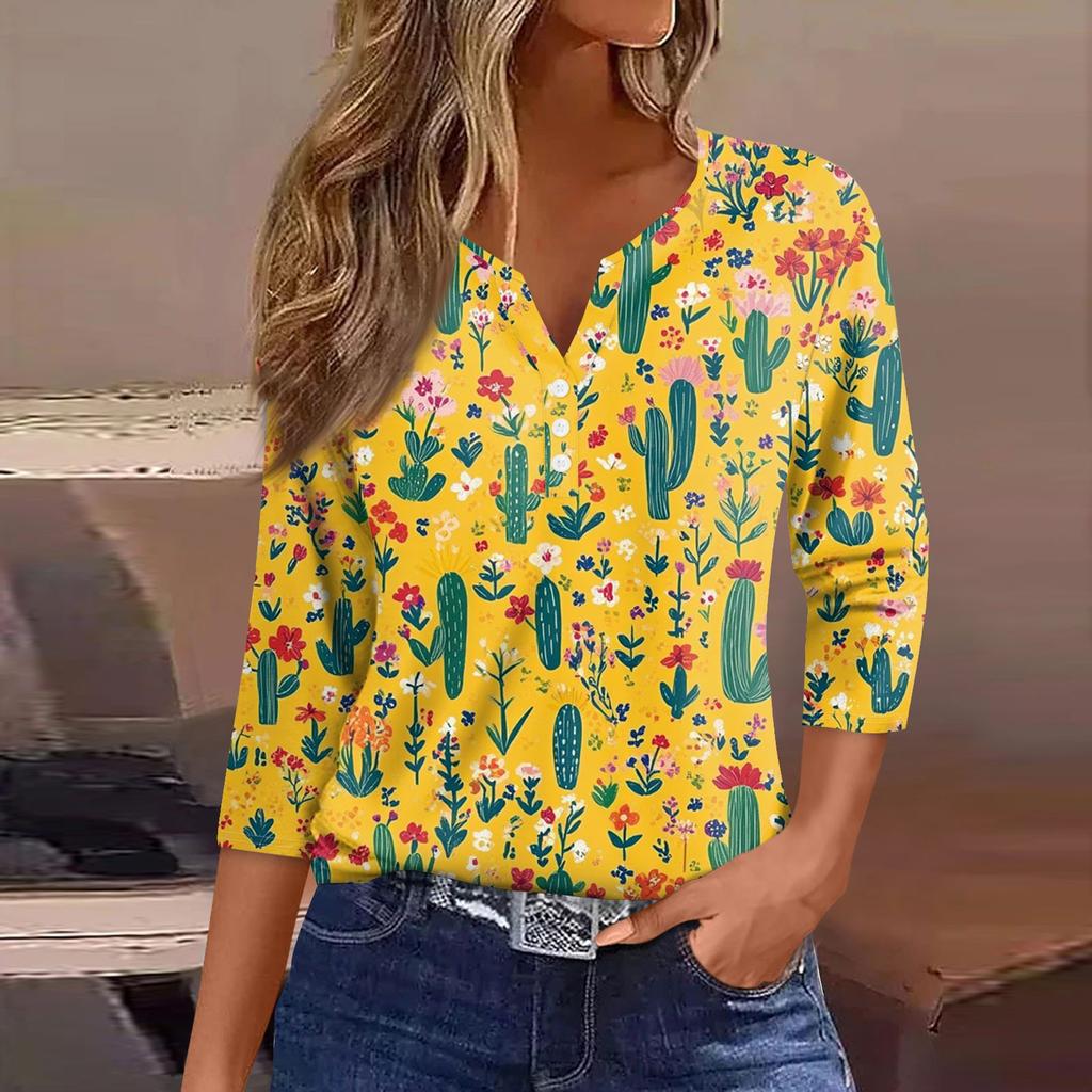 Women's Fashion Button V-Neck Seven Sleeve Cute Animal Print Casual Top