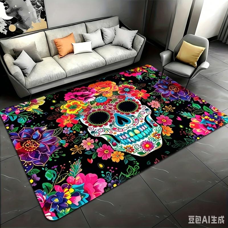 Newest Colorful Floral Sugar Skull Large Area Rug Non Slip Gothic Living Room Floor Carpet