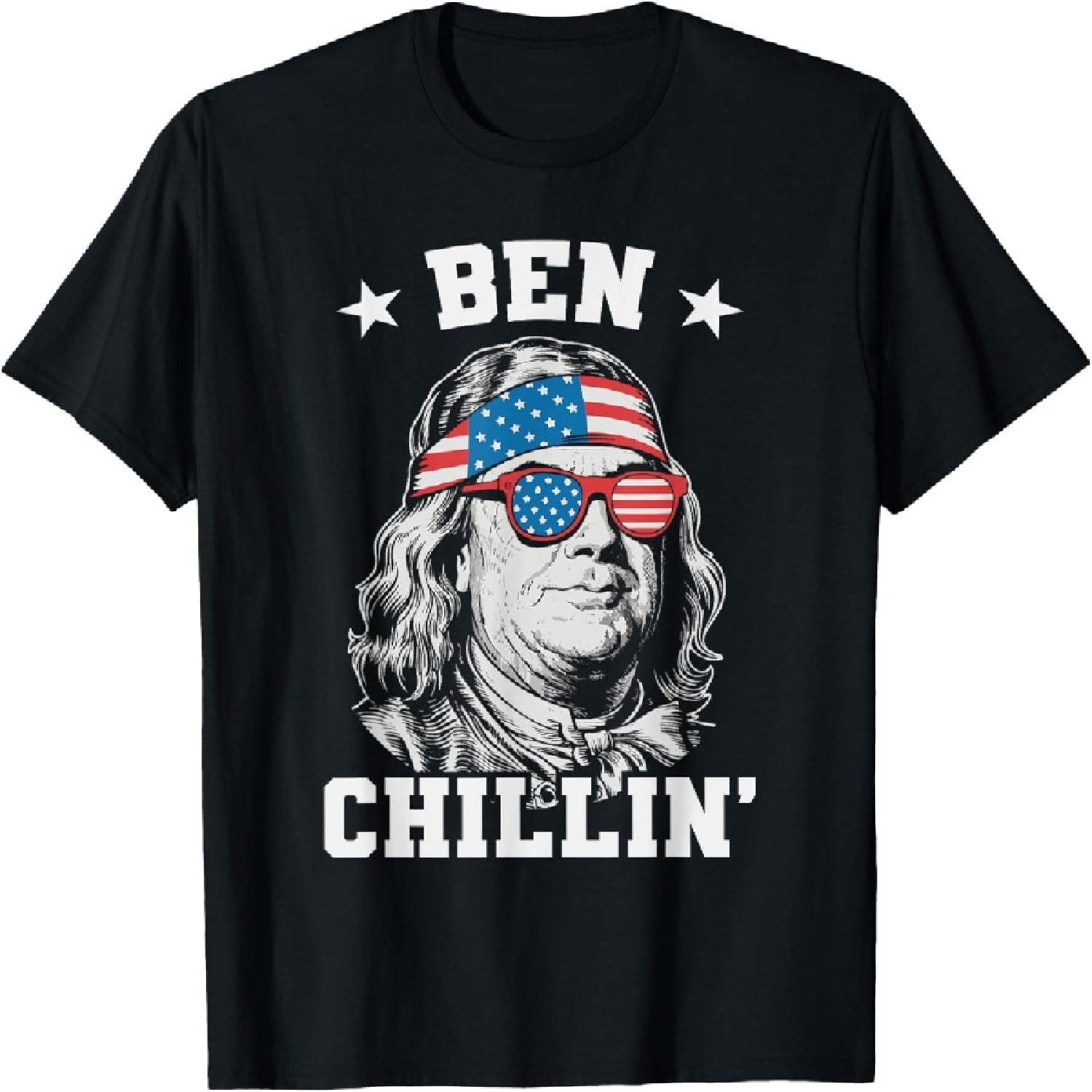 Ben Chillin Funny 4th of July Ben Franklin American Flag T-Shirt for Women Men S