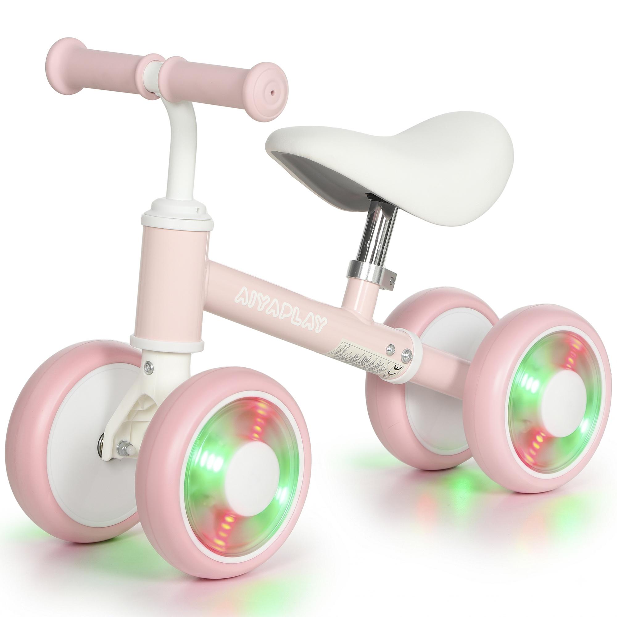 Vélo d'équilibre pour bébé 1-2 ans Vélo d'équilibre pour tout-petit lumineux avec siège réglable 4 roues Eva silencieuses Rose