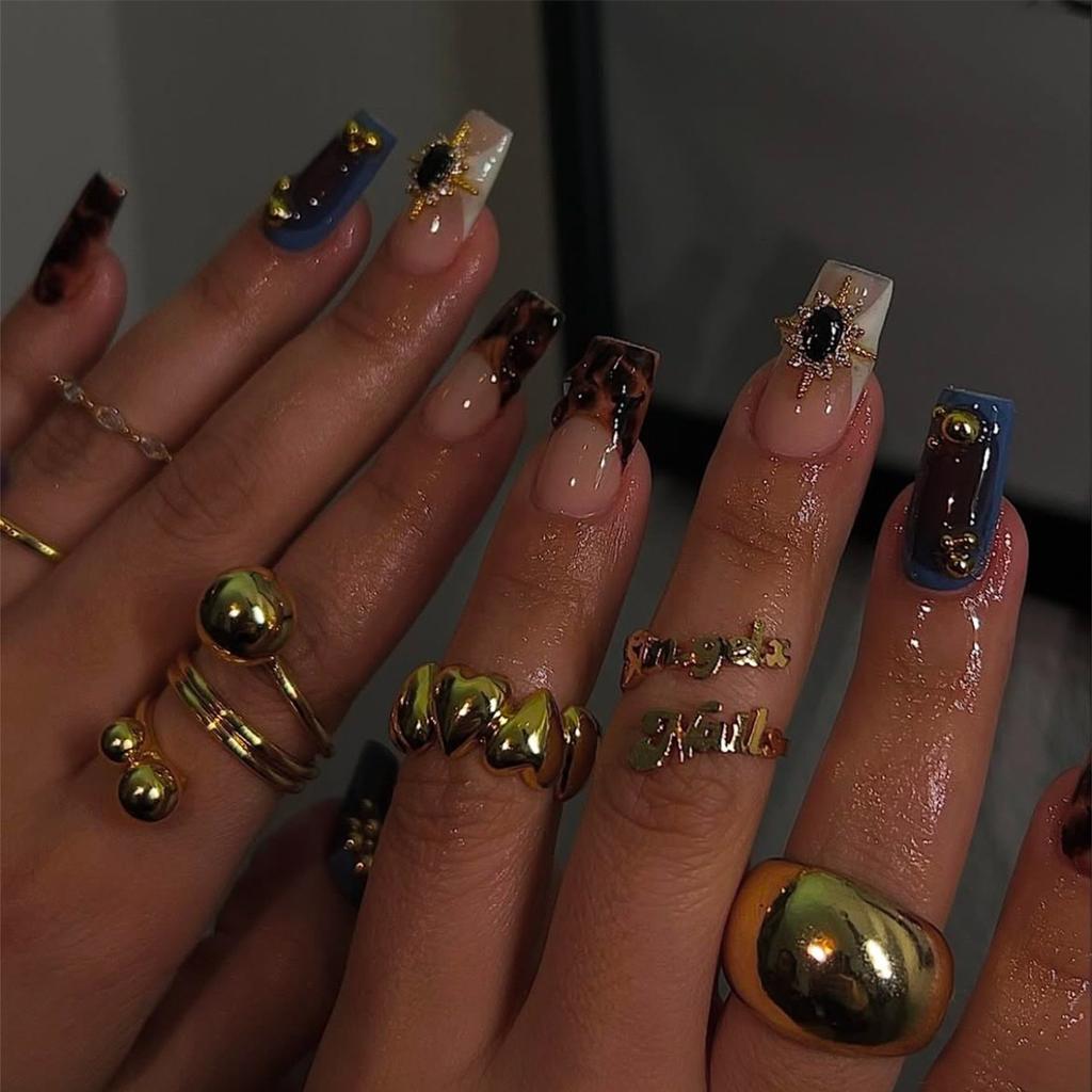24Pcs Long Coffin Leopard Print Press On Nails With Glue Sweet Cool Diamond Floral French Fake Nail Tips Set
