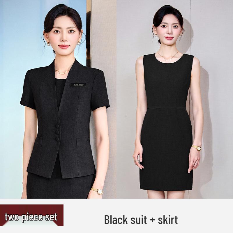 Women's Gray Summer Suit Set: Short-Sleeved Professional Attire for Hotel Front Desk or Jewelry Store