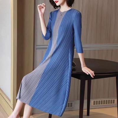 Wrinkled, Minimalist, Fashionable, Contrasting Color, Elastic, Slim Fit, 3/4 Sleeve Tie Up Waist Slimming Dress