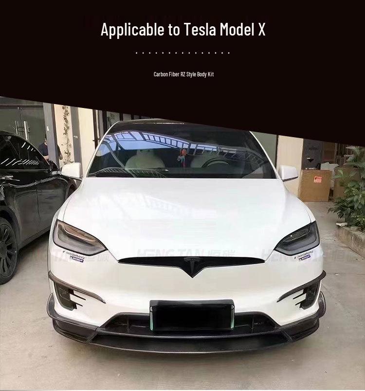 Tesla Model X RZ Carbon Fiber Body Kit: Front Lip, Modified Bumper, Rear Lip, Side Skirts.