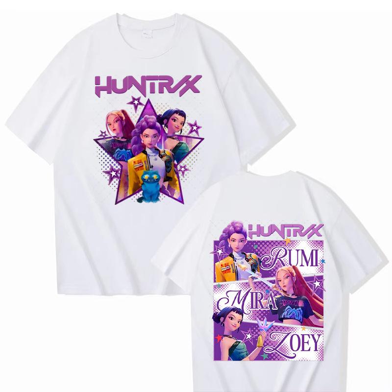 KPop Demon Hunters Cartoon Peripheral Printed Cotton T-shirt Comfortable Soft Women Casual Round Neck Short Sleeved T-shirt