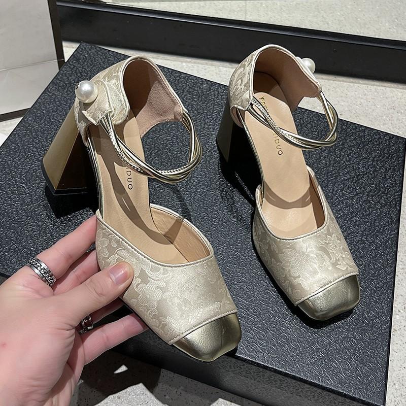 Modeabsätze Frauen Sandalen Frau Leder Mary Jane Sommerabsätze Quadratische Zehenpartie Anzug Weiblich Flacher Ausschnitt Niedrigabsatz Retro 2025 Mädchen